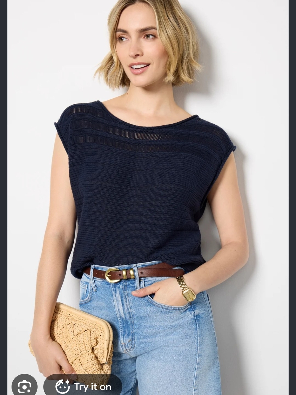 Evereve Navy Open-Knit Tank Top